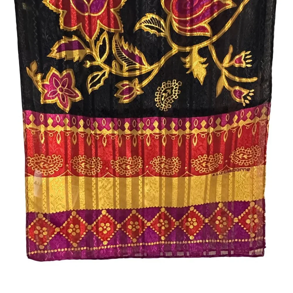 Vintage Liz Claiborne Floral‎ Stripe Scarf Black Red Gold Lightweight Wrap